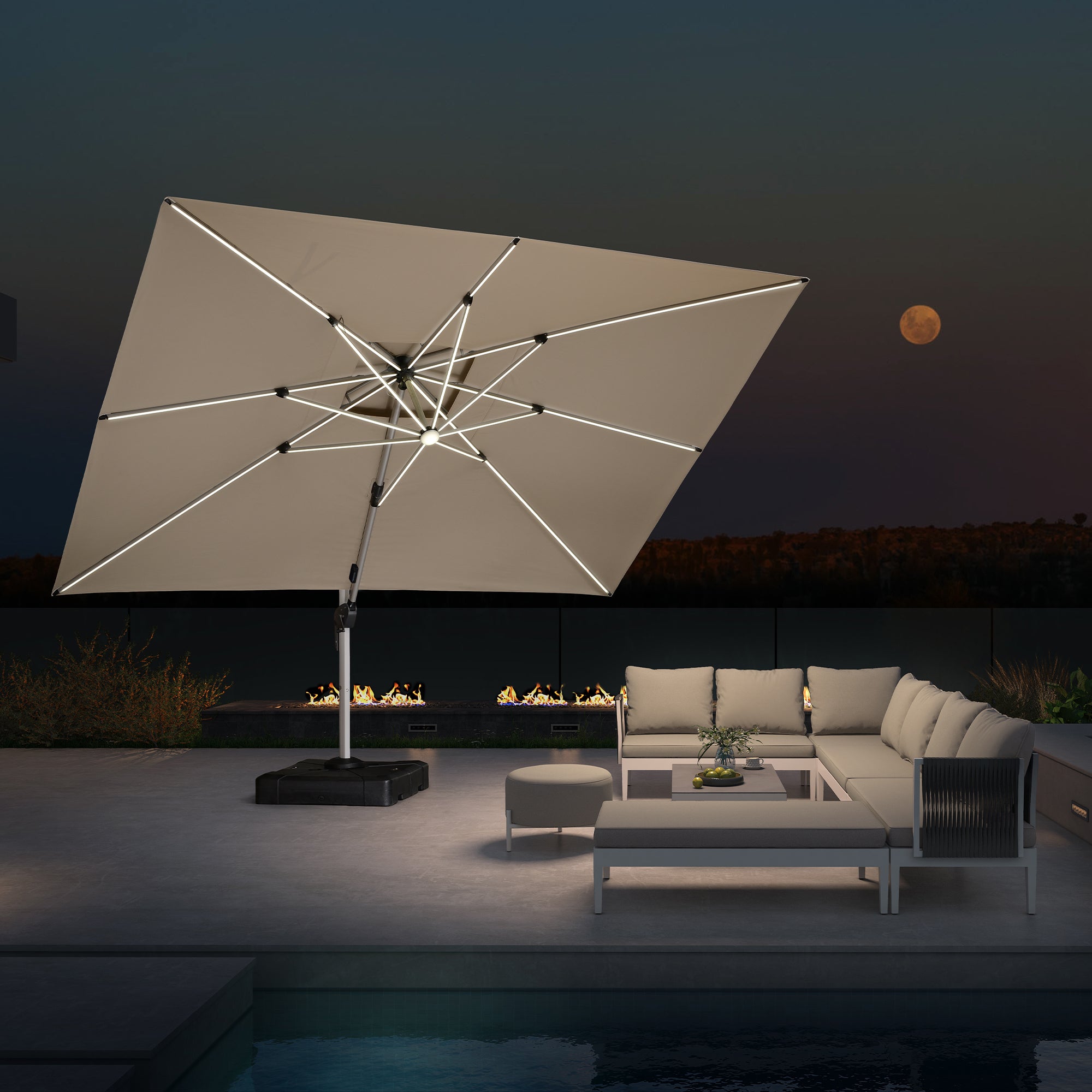 PURPLE LEAF Ombrellone da Giardino Rettangolari con Doppio Top e Luci ,con Base