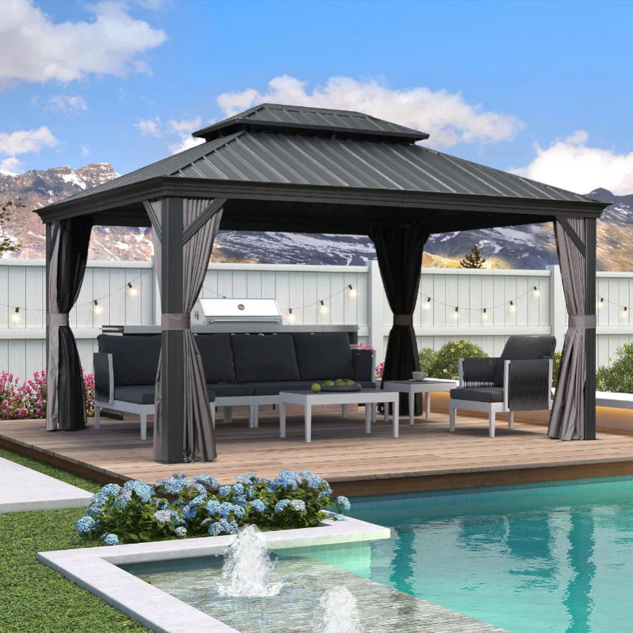 PURPLE LEAF Alluminio Gazebo Giardino con Zanzariere e Tende Tetto Doppio in Acciaio Galvanizzato, Grigio
