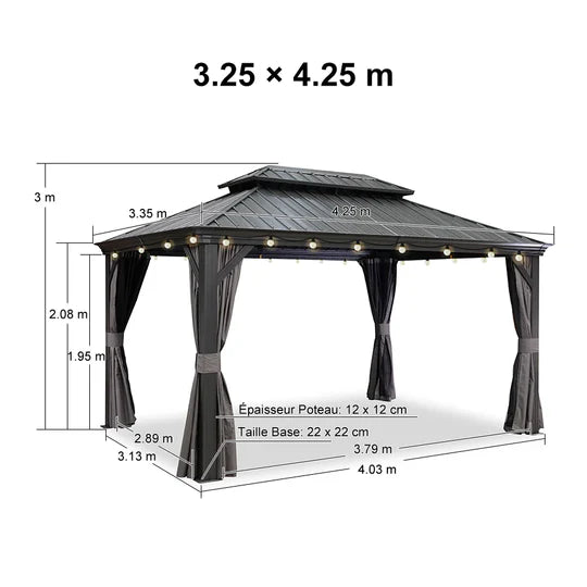 PURPLE LEAF Gazebo da Giardino in Alluminio Grigio , Tetto Doppio in Acciaio Zincato, con Zanzariere e Tende, Corredato da Ghirlande Luminose di Latte