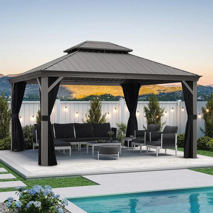 PURPLE LEAF Gazebo in Alluminio,Tetto Rigido in Acciaio Zincato, Tende Incluse, Grigio Chiaro