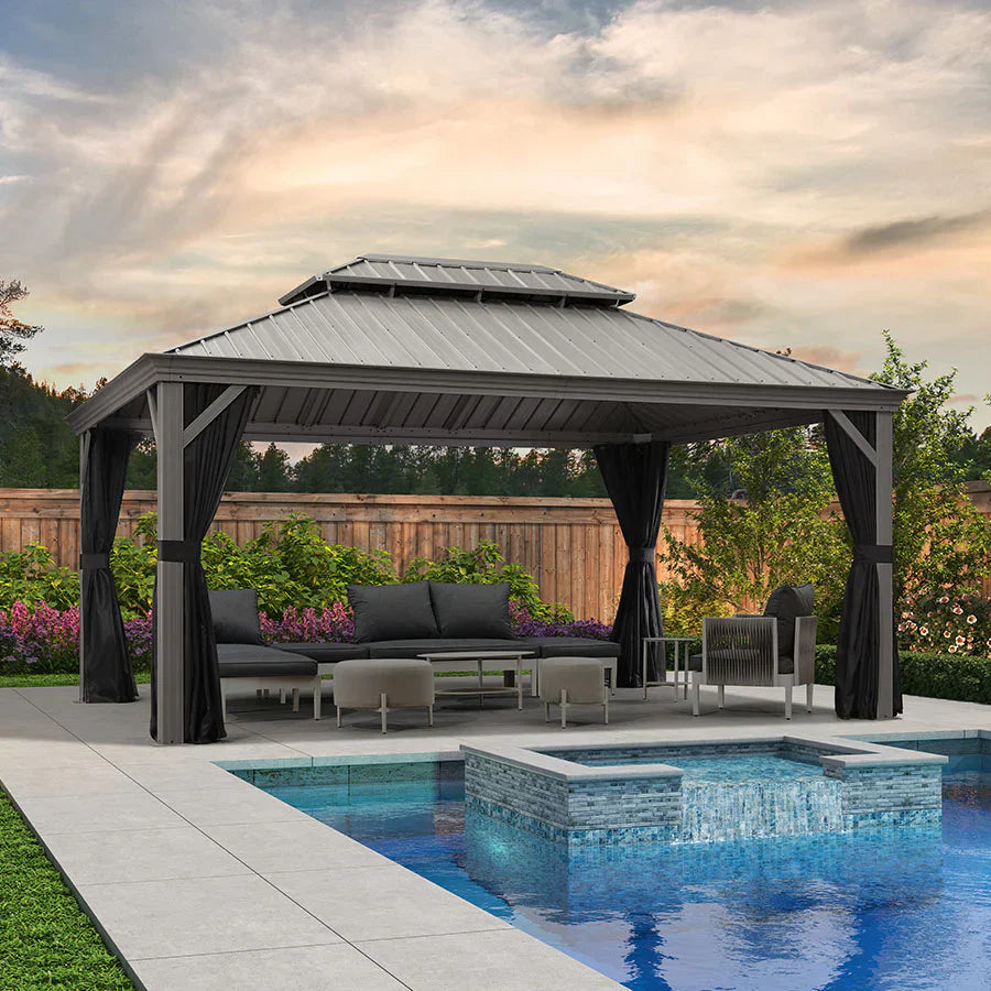 PURPLE LEAF Gazebo in Alluminio,Tetto Rigido in Acciaio Zincato, Tende Incluse, Grigio Chiaro