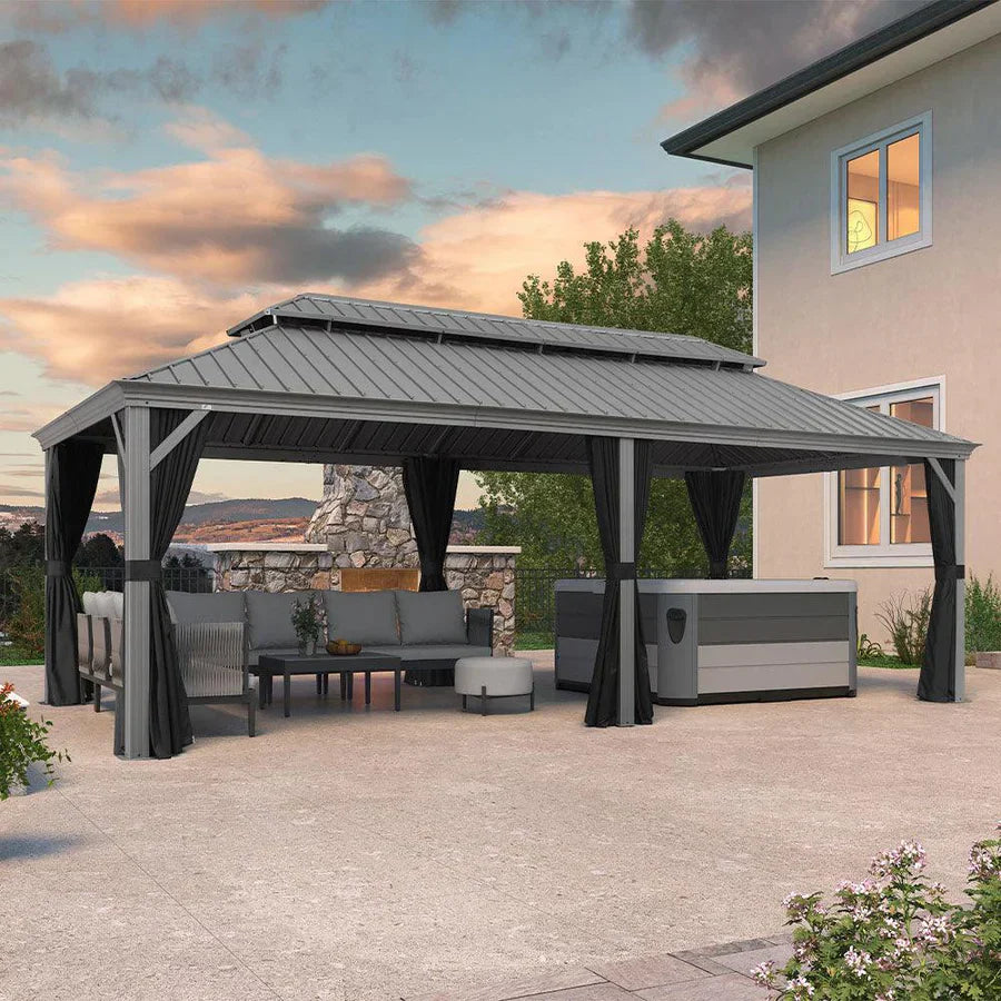 PURPLE LEAF Gazebo in Alluminio,Tetto Rigido in Acciaio Zincato, Tende Incluse, Grigio Chiaro