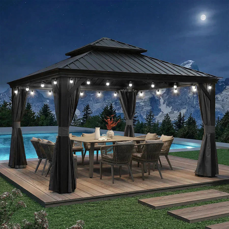 PURPLE LEAF Gazebo da Giardino in Alluminio Grigio , Tetto Doppio in Acciaio Zincato, con Zanzariere e Tende, Corredato da Ghirlande Luminose di Latte
