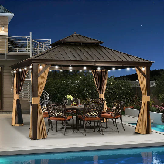 PURPLE LEAF Gazebo da Giardino con Tetto Rigido Doppio Tetto Bronzo, Pergola in Alluminio con Catena Luminosa Bianco Latte
