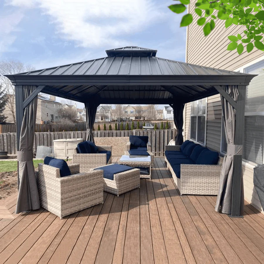 PURPLE LEAF Alluminio Gazebo Giardino con Zanzariere e Tende Tetto Doppio in Acciaio Galvanizzato, Grigio