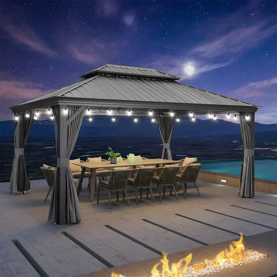 PURPLE LEAF Gazebo da Giardino in Alluminio Grigio , Tetto Doppio in Acciaio Zincato, con Zanzariere e Tende, Corredato da Ghirlande Luminose di Latte