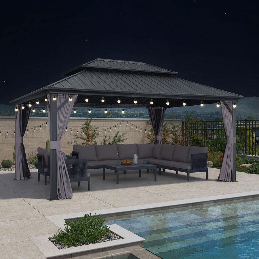 PURPLE LEAF Gazebo da Giardino Esterno,Tetto Doppio in Acciaio Galvanizzato, Resistente alla Corrosione, con Guirlanda Luminosa Trasparente, Modello Leggero - Grigio