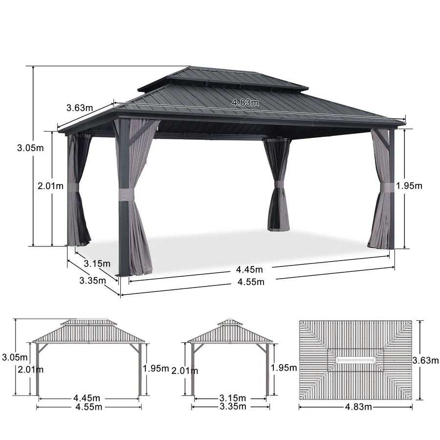 PURPLE LEAF Gazebo da Giardino Esterno,Tetto Doppio in Acciaio Galvanizzato, Resistente alla Corrosione, con Guirlanda Luminosa Trasparente, Modello Leggero - Grigio