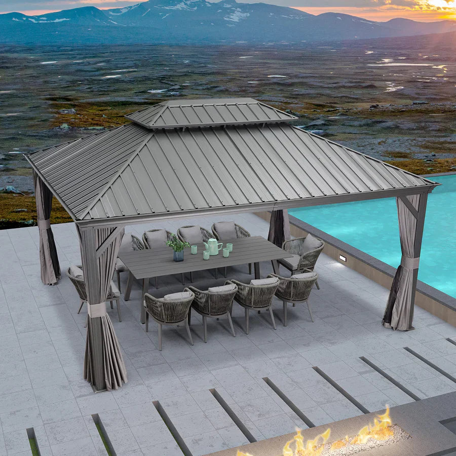 PURPLE LEAF Alluminio Gazebo Giardino con Zanzariere e Tende Tetto Doppio in Acciaio Galvanizzato, Grigio
