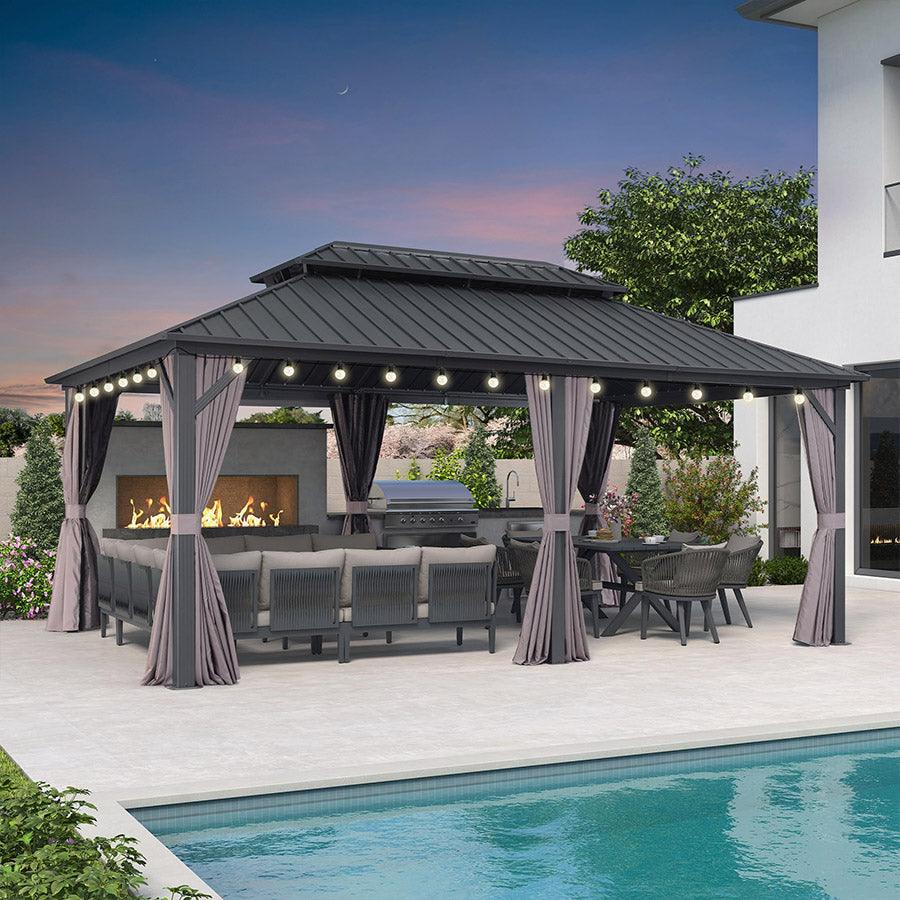 PURPLE LEAF Gazebo da Giardino Esterno,Tetto Doppio in Acciaio Galvanizzato, Resistente alla Corrosione, con Guirlanda Luminosa Trasparente, Modello Leggero - Grigio