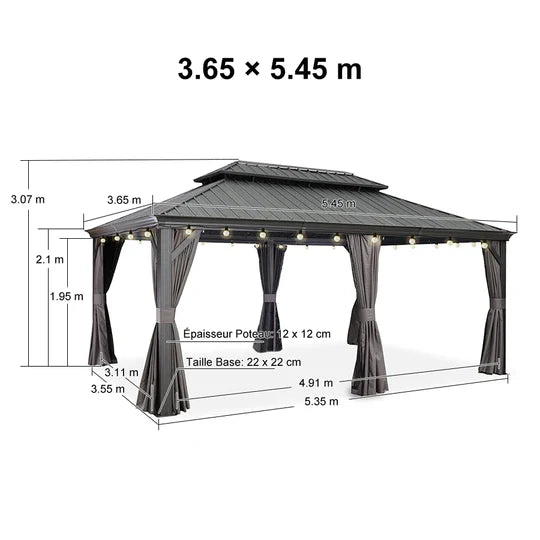 PURPLE LEAF Gazebo da Giardino in Alluminio Grigio , Tetto Doppio in Acciaio Zincato, con Zanzariere e Tende, Corredato da Ghirlande Luminose di Latte