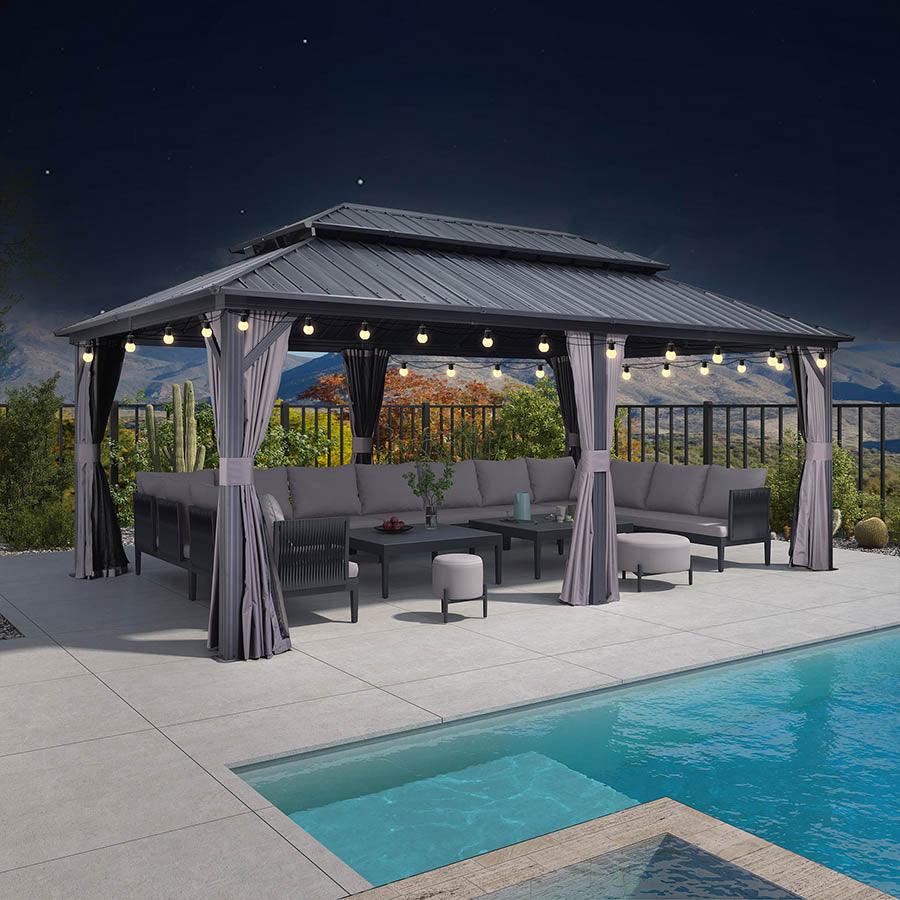 PURPLE LEAF Gazebo da Giardino Esterno,Tetto Doppio in Acciaio Galvanizzato, Resistente alla Corrosione, con Guirlanda Luminosa Trasparente, Modello Leggero - Grigio