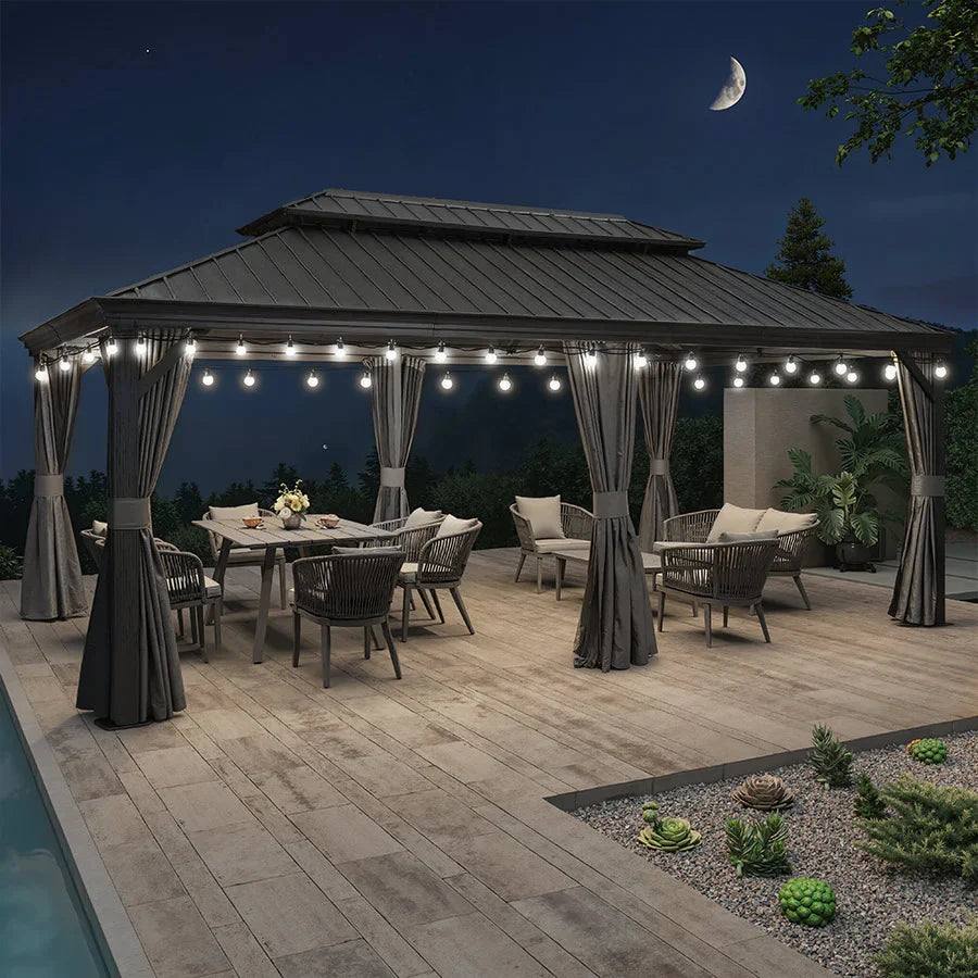 PURPLE LEAF Gazebo da Giardino in Alluminio Grigio , Tetto Doppio in Acciaio Zincato, con Zanzariere e Tende, Corredato da Ghirlande Luminose di Latte
