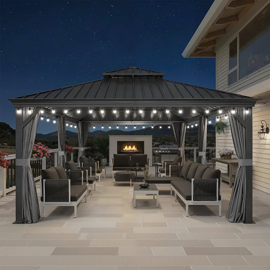 PURPLE LEAF Gazebo da Giardino in Alluminio Grigio , Tetto Doppio in Acciaio Zincato, con Zanzariere e Tende, Corredato da Ghirlande Luminose di Latte