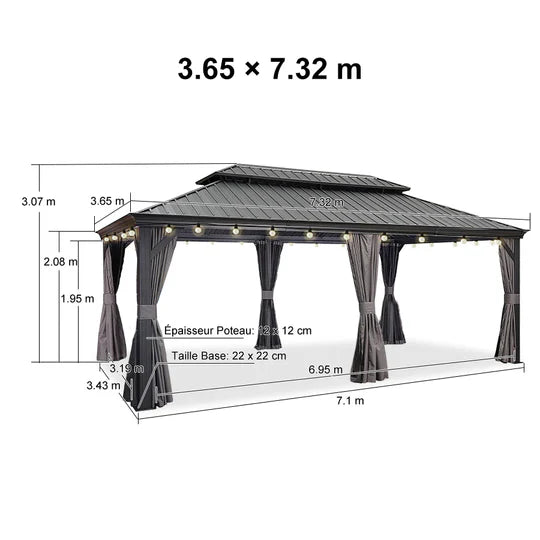 PURPLE LEAF Gazebo da Giardino in Alluminio Grigio , Tetto Doppio in Acciaio Zincato, con Zanzariere e Tende, Corredato da Ghirlande Luminose di Latte