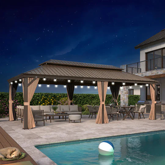PURPLE LEAF Gazebo da Giardino con Tetto Rigido Doppio Tetto Bronzo, Pergola in Alluminio con Catena Luminosa Bianco Latte
