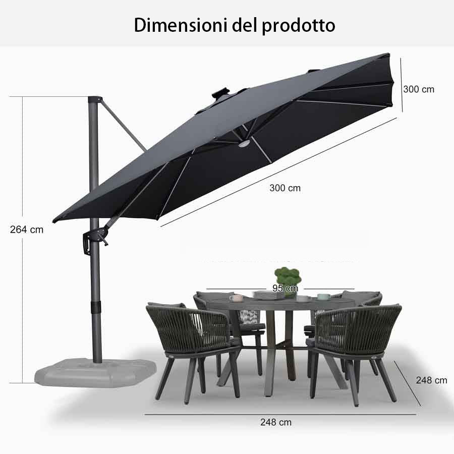 PURPLE LEAF Ombrellone da Giardino LED Quadrato 300x300 cm, Inclinabile e Girevole a 360° per Terrazza e Piscina