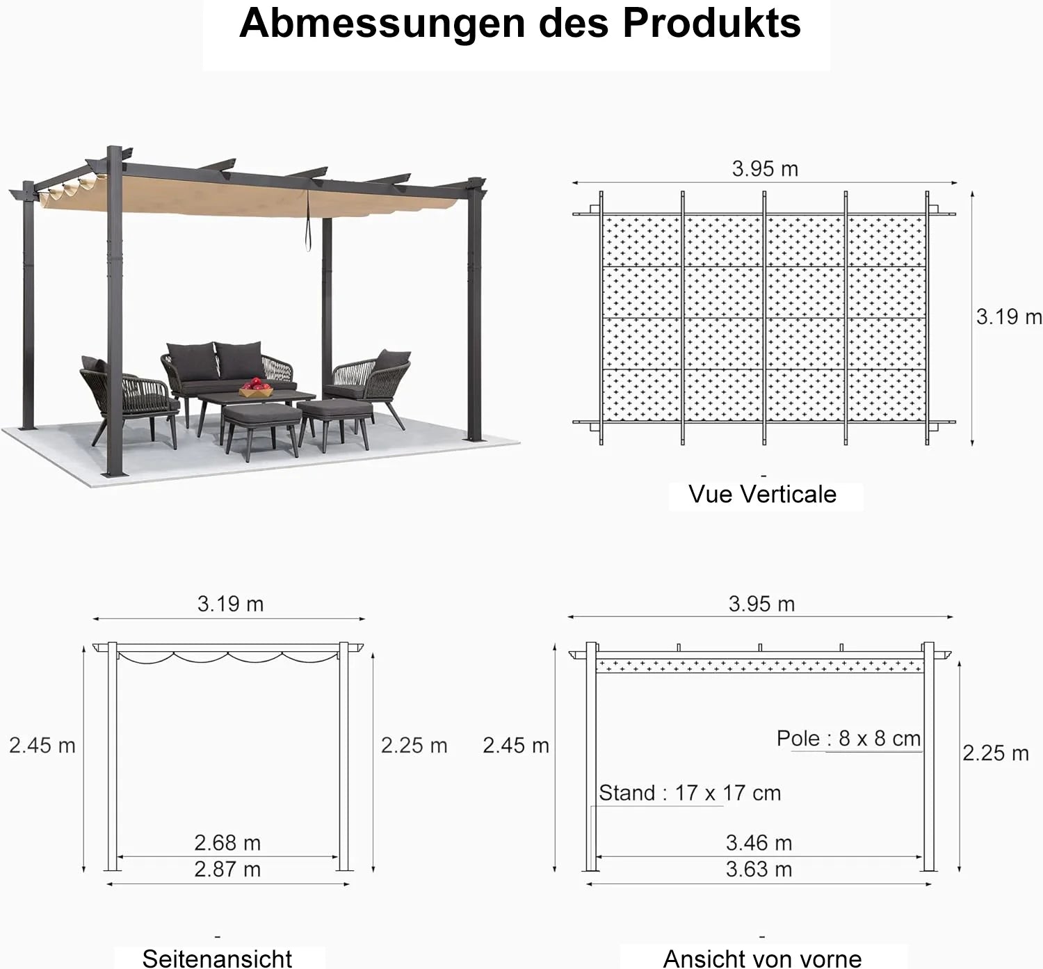 PURPLE LEAF Pergola Alluminio Pergolato da Giardino con Tetto ha Scomparsa Per Giardino Pergolati Terrazzo