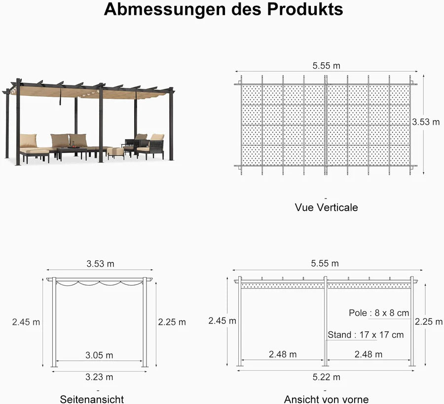 PURPLE LEAF Pergola Alluminio Pergolato da Giardino con Tetto ha Scomparsa Per Giardino Pergolati Terrazzo