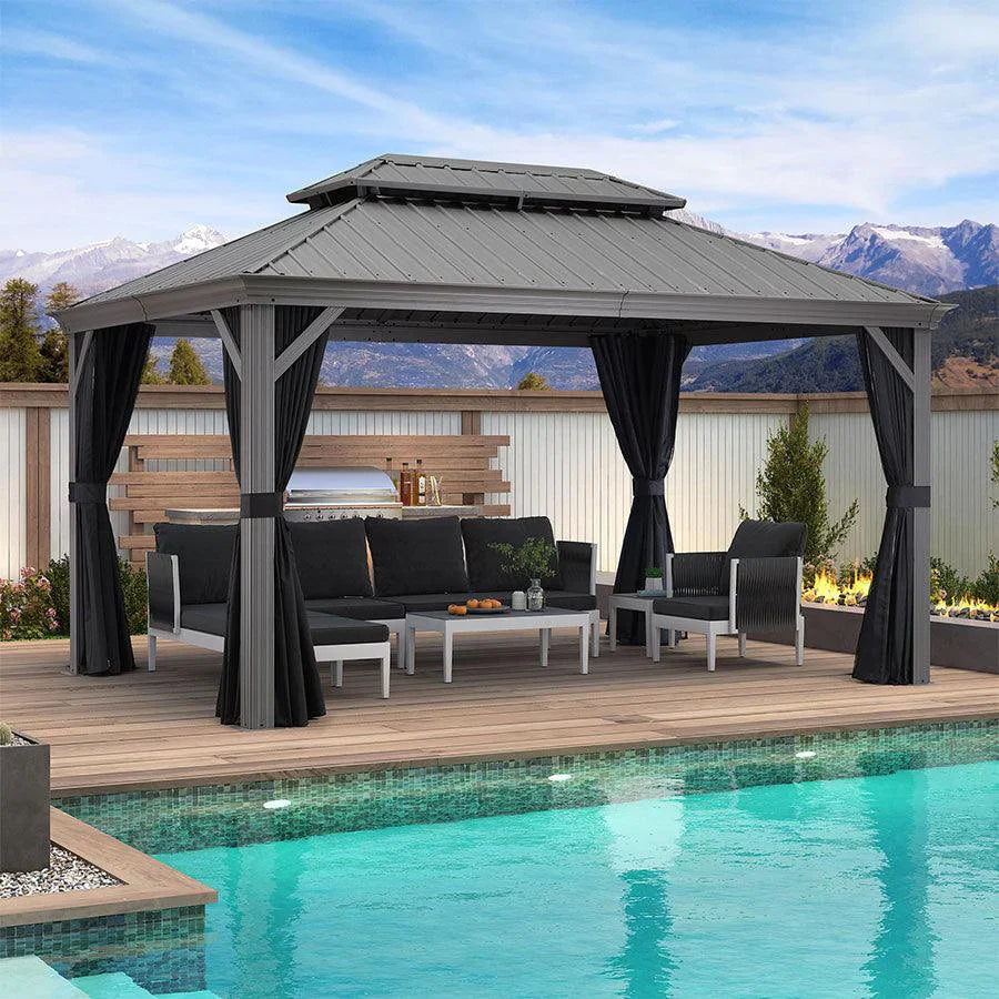 PURPLE LEAF Gazebo in Alluminio,Tetto Rigido in Acciaio Zincato, Tende Incluse, Grigio Chiaro