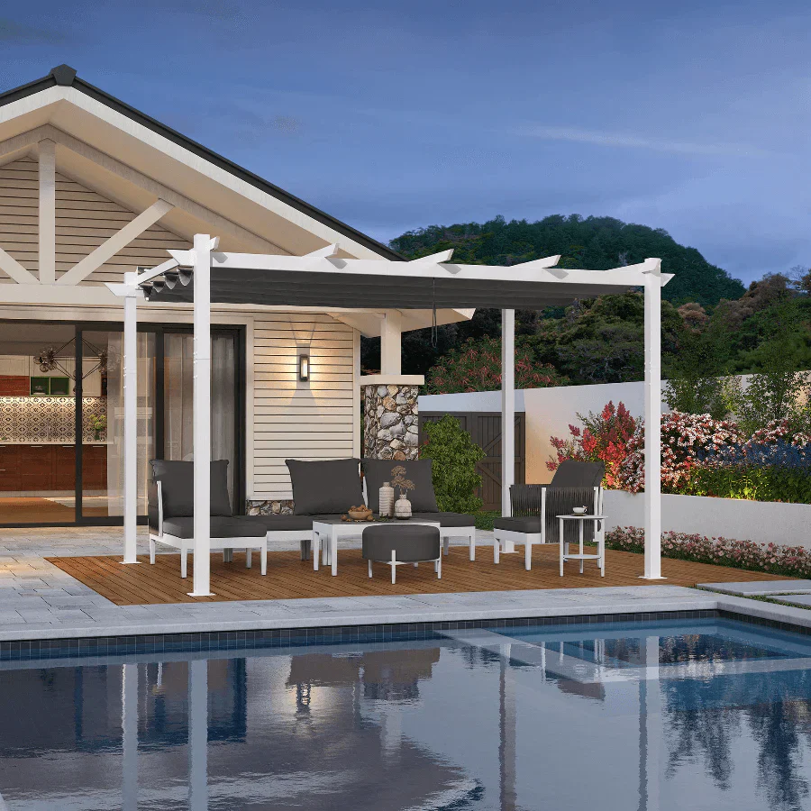 PURPLE LEAF Pergola Retrattile da Esterno con Doppio Parasole in Alluminio Resistente Bianco per Patio Terrazza Giardino Moderno