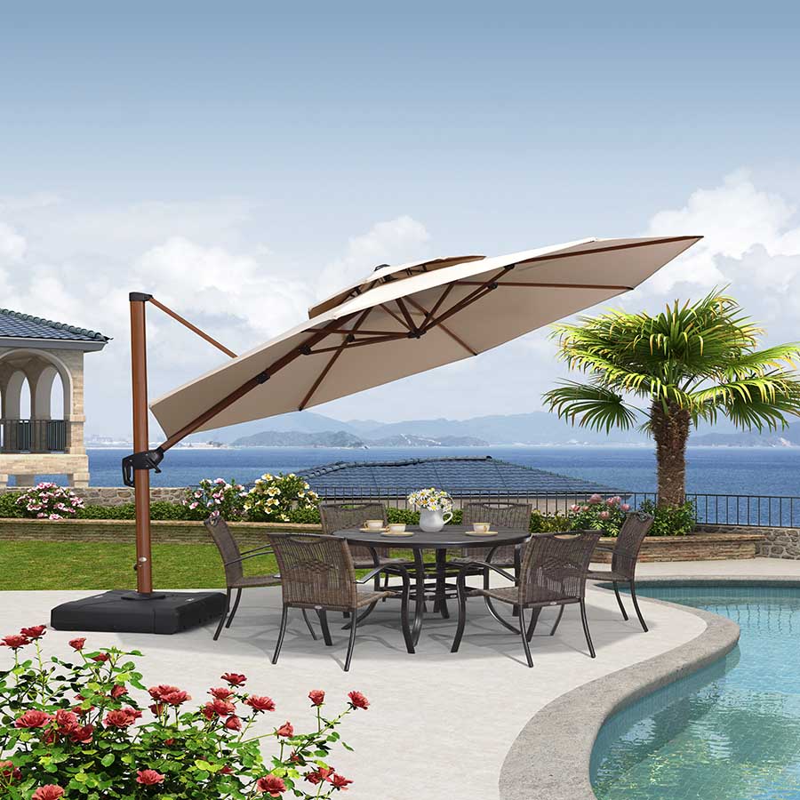 PURPLE LEAF Ombrellone Doppio Top rotondo in alluminio colore legno