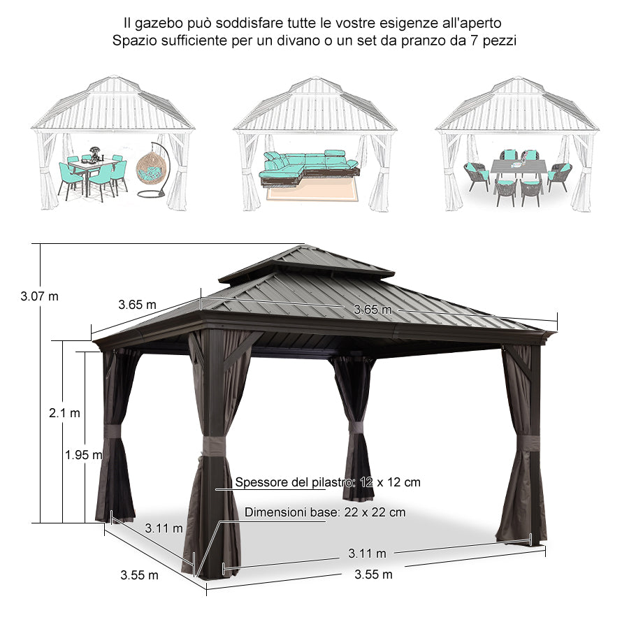 PURPLE LEAF Alluminio Gazebo Giardino con Zanzariere e Tende Tetto Doppio in Acciaio Galvanizzato, Grigio