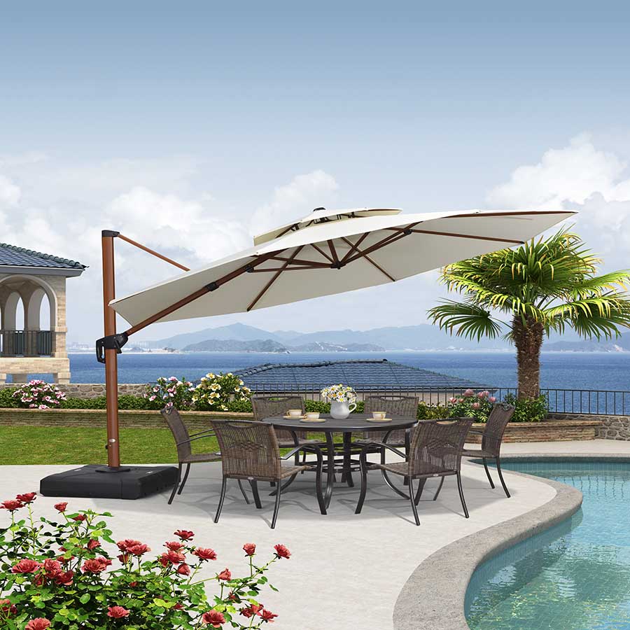 PURPLE LEAF Ombrellone Doppio Top rotondo in alluminio colore legno