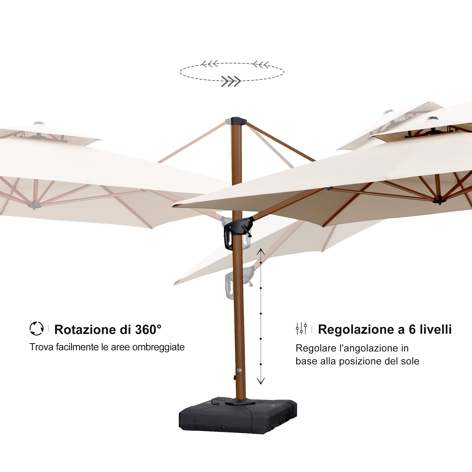 PURPLE LEAF Ombrellone in Alluminio Quadrato Doppio Top in colore legno