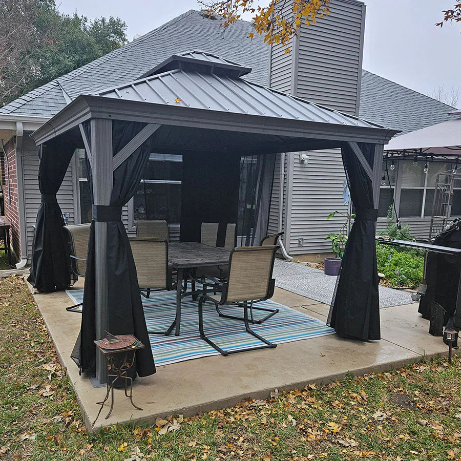 PURPLE LEAF Gazebo in Alluminio,Tetto Rigido in Acciaio Zincato, Tende Incluse, Grigio Chiaro