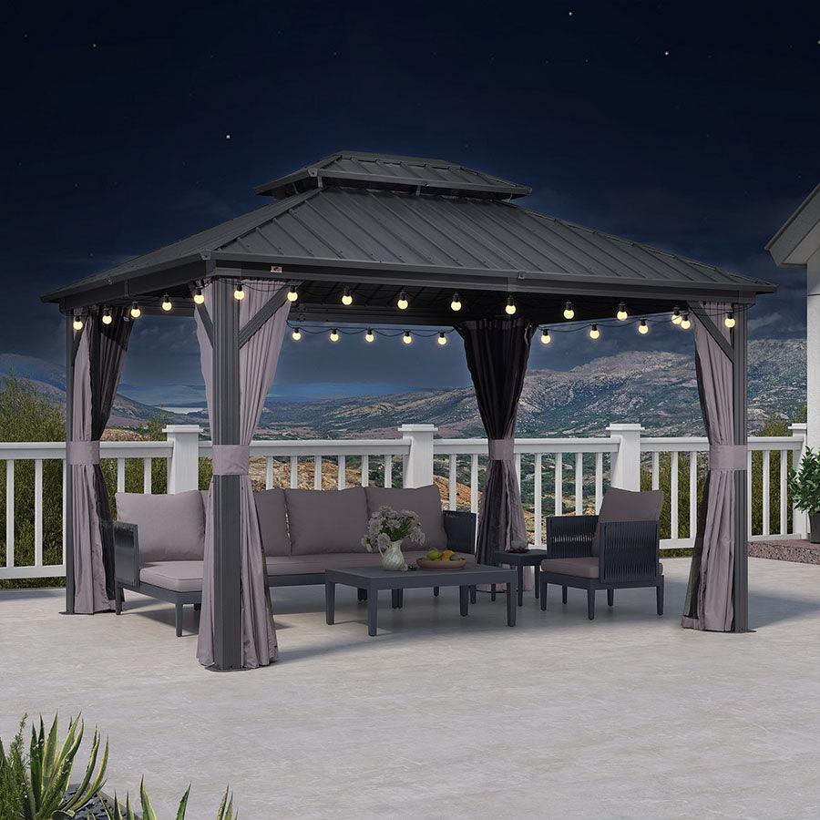 PURPLE LEAF Gazebo da Giardino Esterno,Tetto Doppio in Acciaio Galvanizzato, Resistente alla Corrosione, con Guirlanda Luminosa Trasparente, Modello Leggero - Grigio