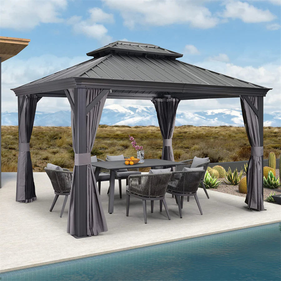 PURPLE LEAF Alluminio Gazebo Giardino con Zanzariere e Tende Tetto Doppio in Acciaio Galvanizzato, Grigio