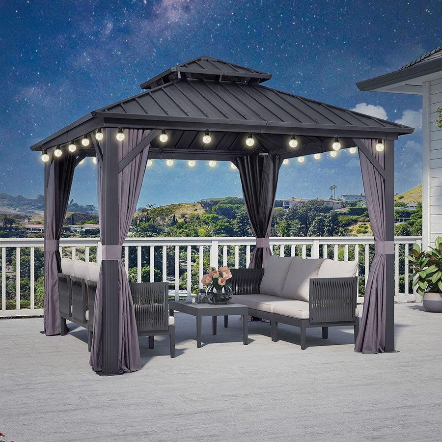 PURPLE LEAF Gazebo da Giardino Esterno,Tetto Doppio in Acciaio Galvanizzato, Resistente alla Corrosione, con Guirlanda Luminosa Trasparente, Modello Leggero - Grigio
