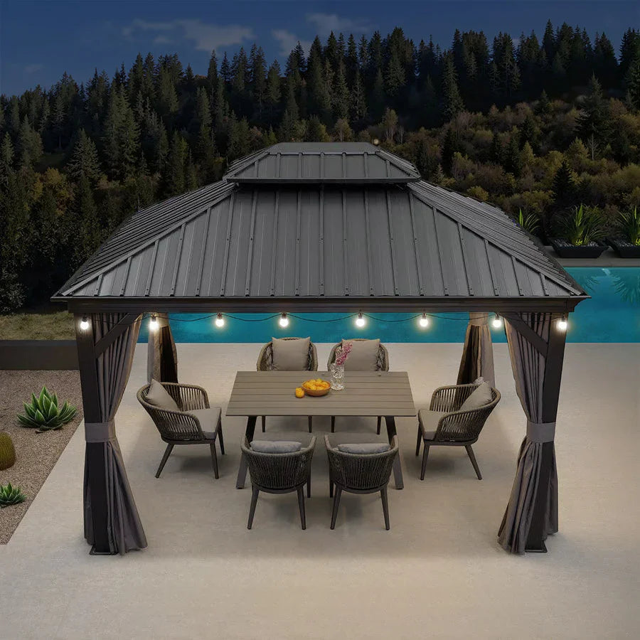 PURPLE LEAF Gazebo da Giardino in Alluminio Grigio , Tetto Doppio in Acciaio Zincato, con Zanzariere e Tende, Corredato da Ghirlande Luminose di Latte