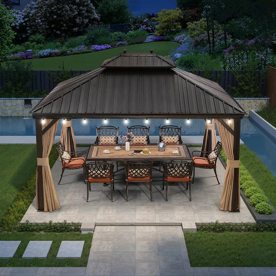 PURPLE LEAF Gazebo da Giardino con Tetto Rigido Doppio Tetto Bronzo, Pergola in Alluminio con Catena Luminosa Bianco Latte