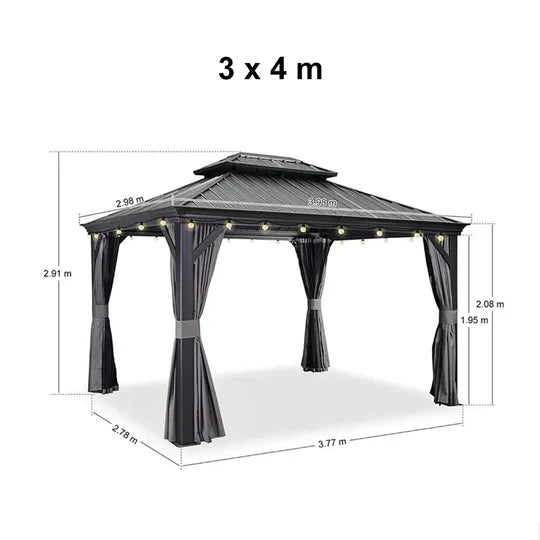 PURPLE LEAF Gazebo da Giardino in Alluminio Grigio , Tetto Doppio in Acciaio Zincato, con Zanzariere e Tende, Corredato da Ghirlande Luminose di Latte
