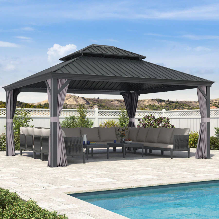 PURPLE LEAF Alluminio Gazebo Giardino con Zanzariere e Tende Tetto Doppio in Acciaio Galvanizzato, Grigio