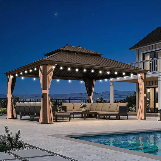 PURPLE LEAF Gazebo da Giardino con Tetto Rigido Doppio Tetto Bronzo, Pergola in Alluminio con Catena Luminosa Bianco Latte