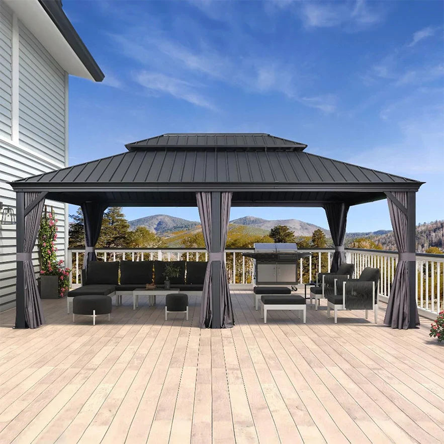 PURPLE LEAF Alluminio Gazebo Giardino con Zanzariere e Tende Tetto Doppio in Acciaio Galvanizzato, Grigio
