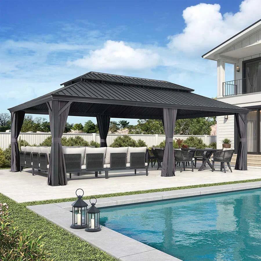 PURPLE LEAF Alluminio Gazebo Giardino con Zanzariere e Tende Tetto Doppio in Acciaio Galvanizzato, Grigio