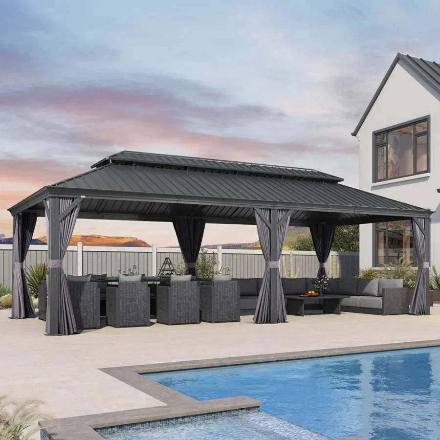 PURPLE LEAF Alluminio Gazebo Giardino con Zanzariere e Tende Tetto Doppio in Acciaio Galvanizzato, Grigio