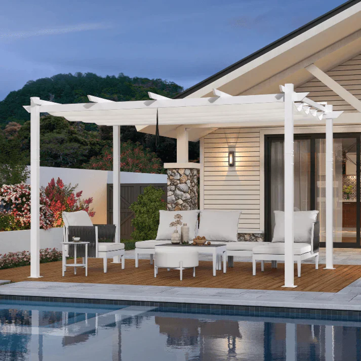 PURPLE LEAF Pergola Retrattile da Esterno con Doppio Parasole in Alluminio Resistente Bianco per Patio Terrazza Giardino Moderno