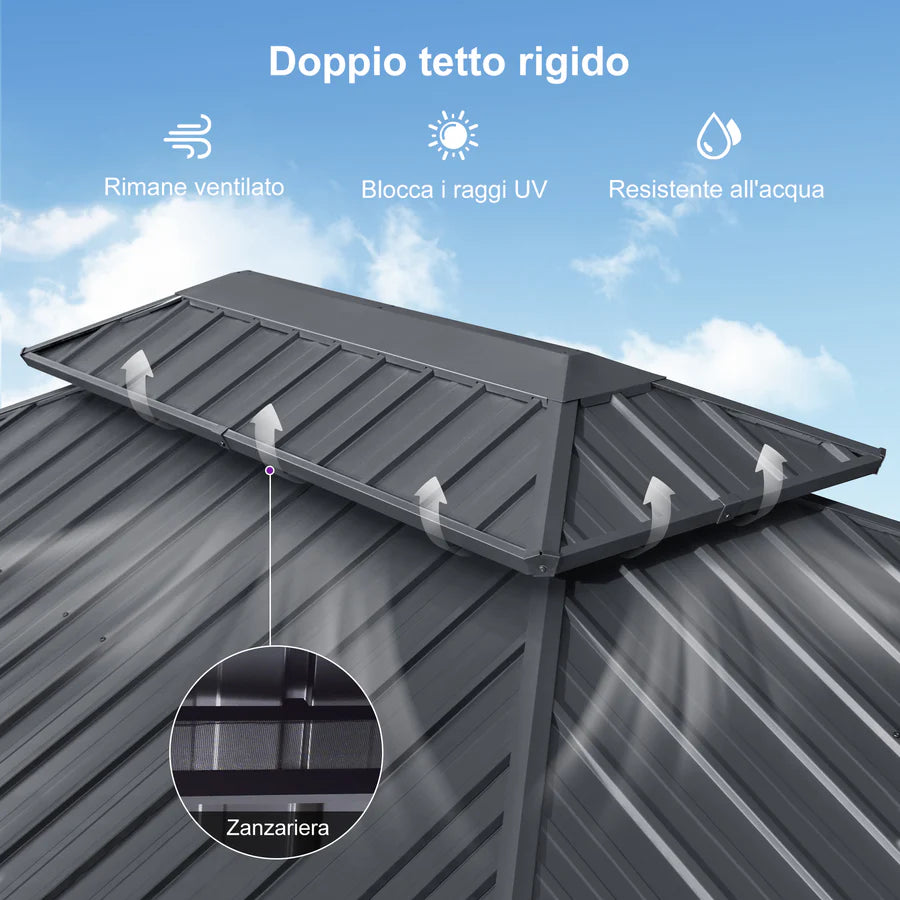 PURPLE LEAF Gazebo da Giardino Esterno,Tetto Doppio in Acciaio Galvanizzato, Resistente alla Corrosione, con Guirlanda Luminosa Trasparente, Modello Leggero - Grigio