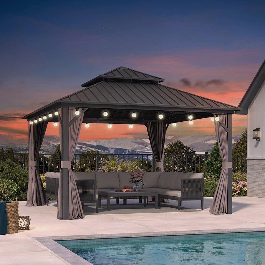 PURPLE LEAF Gazebo da Giardino Esterno,Tetto Doppio in Acciaio Galvanizzato, Resistente alla Corrosione, con Guirlanda Luminosa Trasparente, Modello Leggero - Grigio