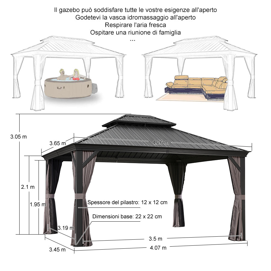 PURPLE LEAF Alluminio Gazebo Giardino con Zanzariere e Tende Tetto Doppio in Acciaio Galvanizzato, Grigio