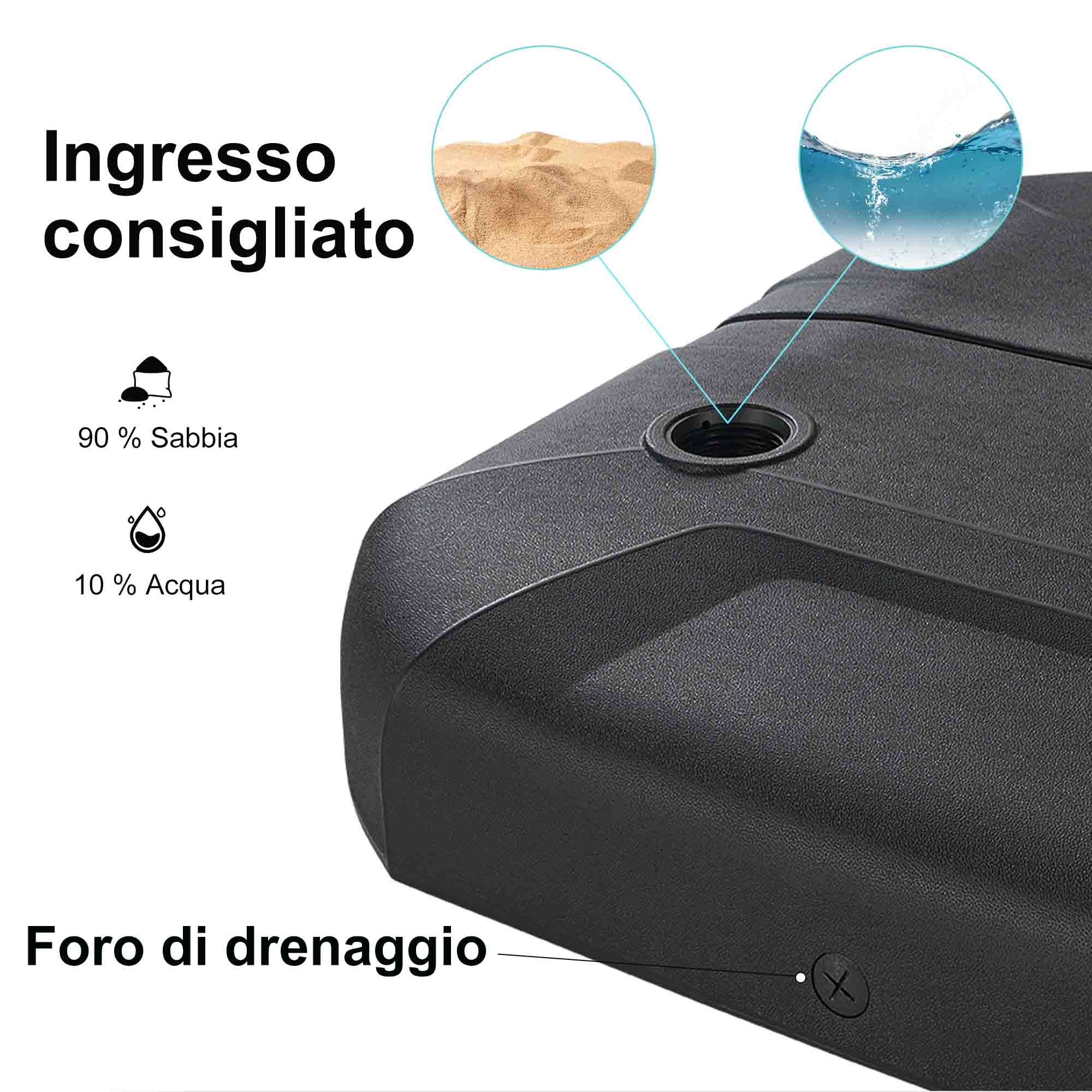 PURPLE LEAF Base per ombrellone supporto per ombrellone a braccio laterale per ombrellone grande riempibile con acqua o sabbia peso base 150 kg nero