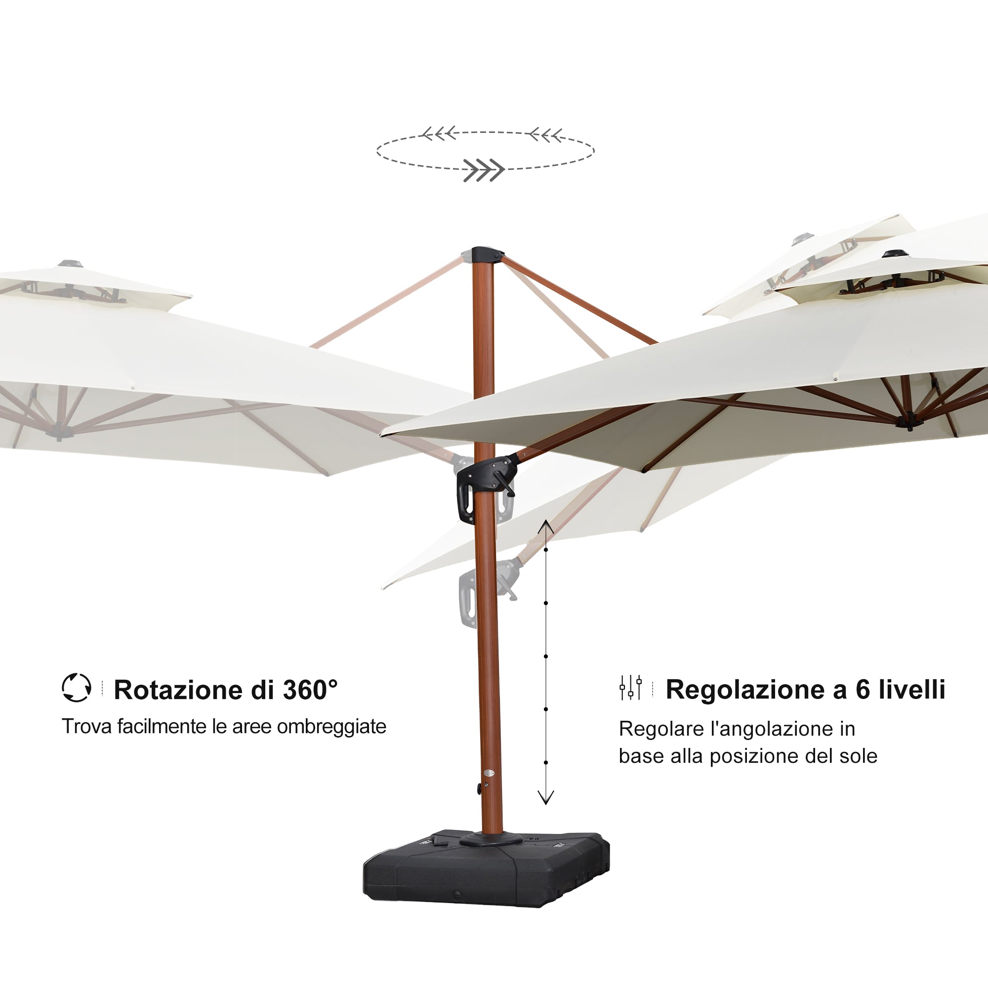 PURPLE LEAF Ombrellone in Alluminio Quadrato Doppio Top in colore legno
