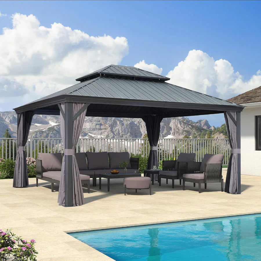 PURPLE LEAF Alluminio Gazebo Giardino con Zanzariere e Tende Tetto Doppio in Acciaio Galvanizzato, Grigio