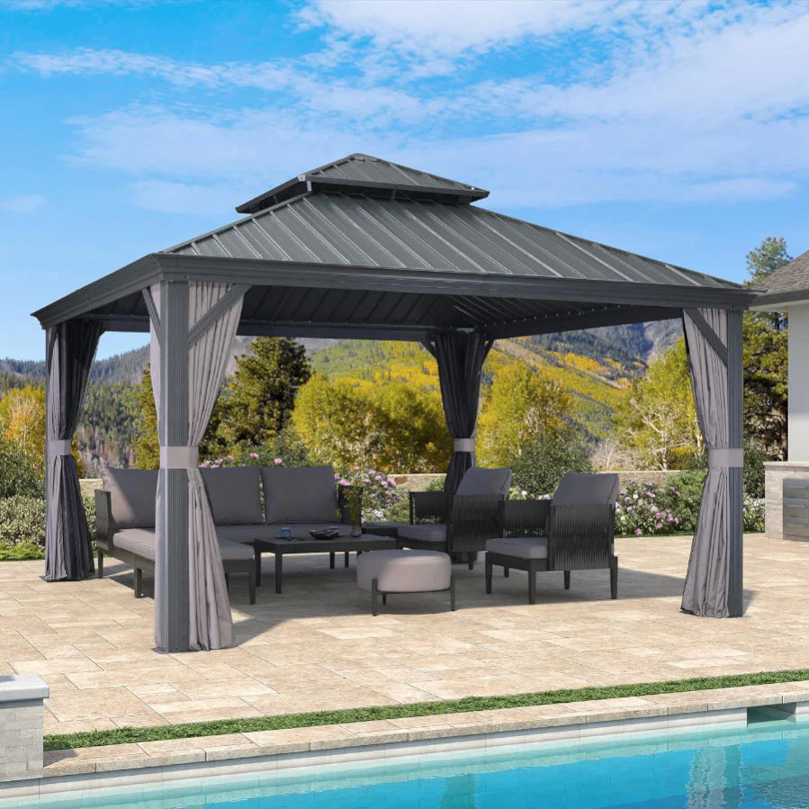 PURPLE LEAF Alluminio Gazebo Giardino con Zanzariere e Tende Tetto Doppio in Acciaio Galvanizzato, Grigio