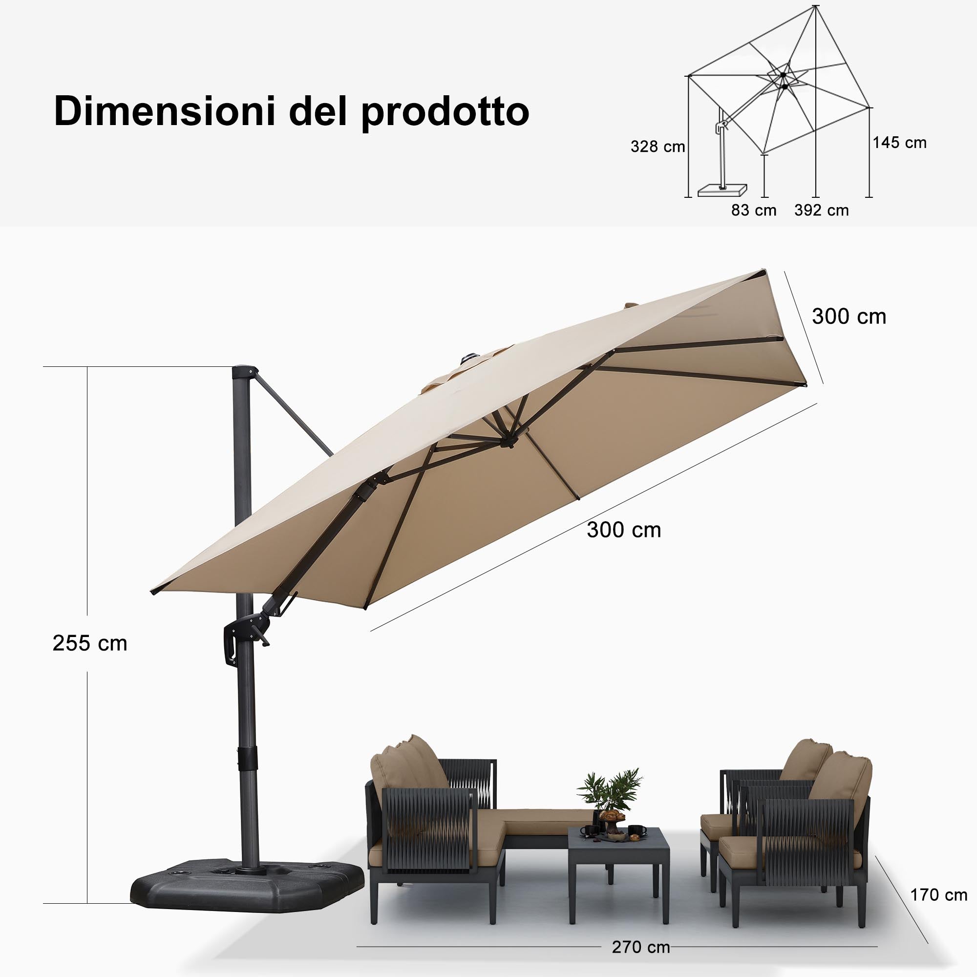 PURPLE LEAF Ombrellone da Giardino Quadrato inclinabile economico ,con Base